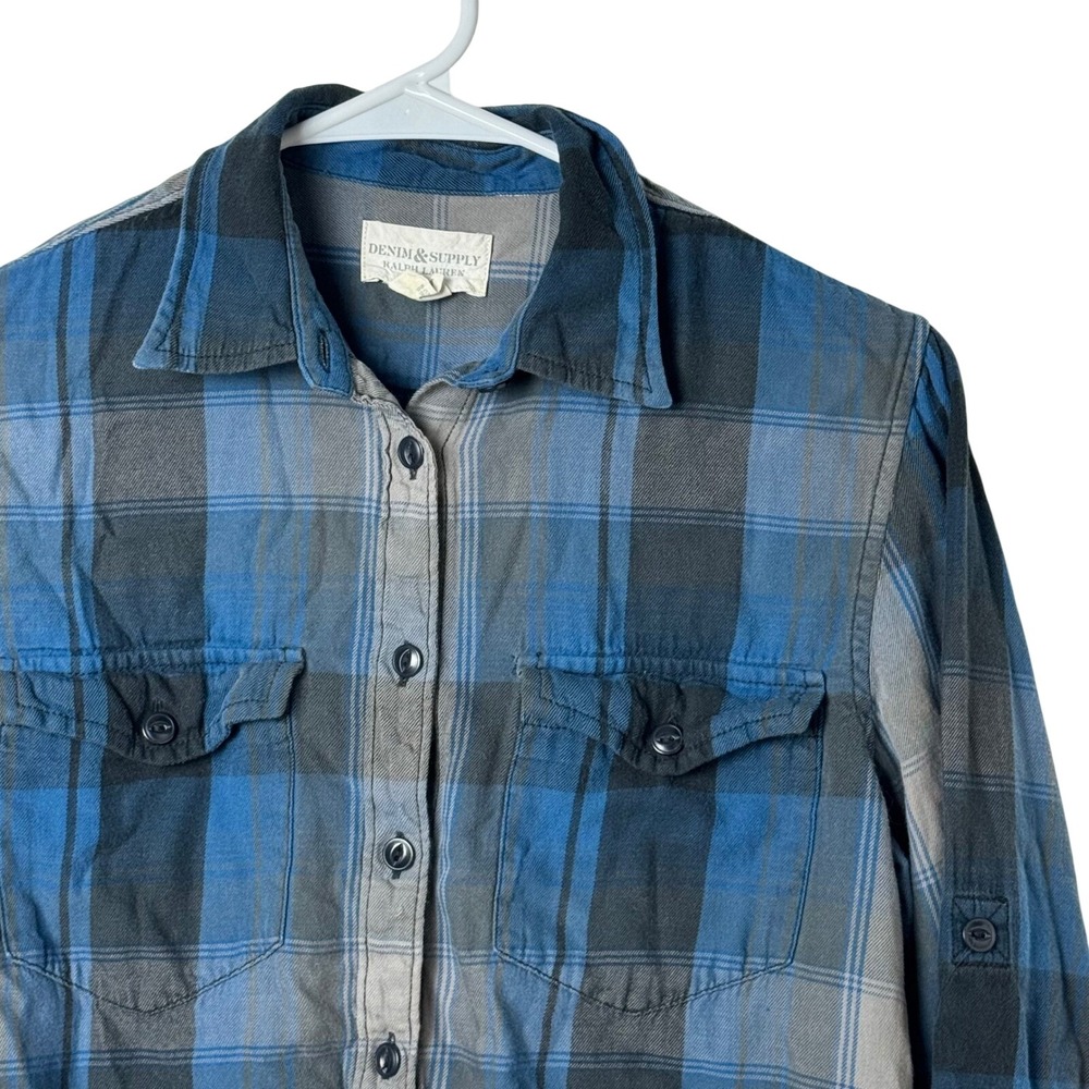 Denim & Supply Button Down Women S Blue Plaid Flannel Roll Tab Sleeve